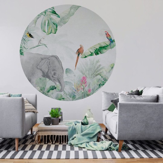 Wall Art Jungle Vivid I - mural koło w słonia i ptaki