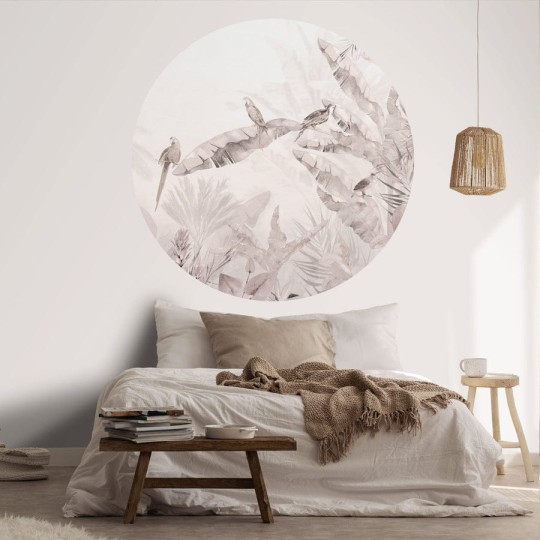 Wall Art Jungle Beige II - mural koło w papugi i rośliny