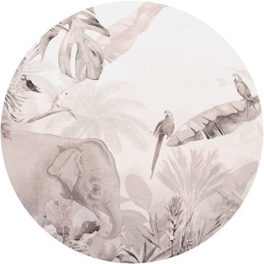 Wall Art Jungle Beige I - mural koło w słonia i ptaki