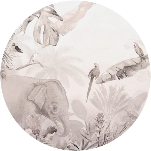 Wall Art Jungle Beige I - mural koło w słonia i ptaki