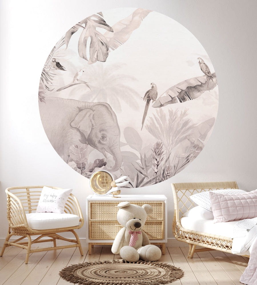 Wall Art Jungle Beige I - mural koło w słonia i ptaki