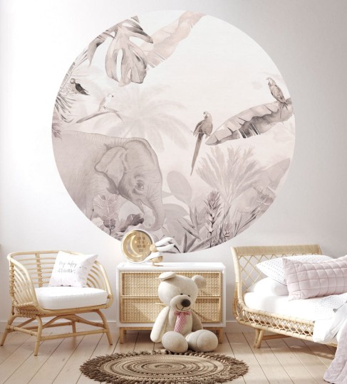 Wall Art Jungle Beige I - mural koło w słonia i ptaki