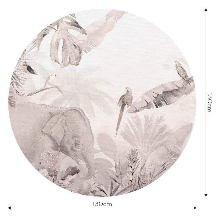 Wall Art Jungle Beige I - mural koło w słonia i ptaki