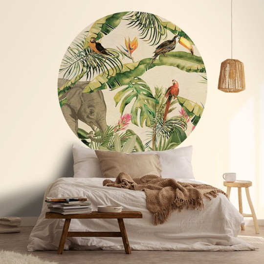Wall Art Jungle I - mural koło w słonia i ptaki