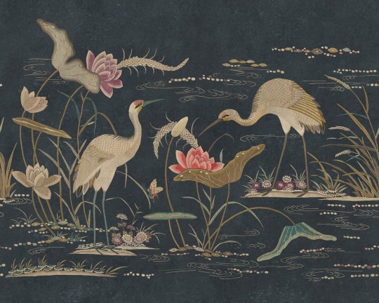 Sandberg S10419 Chinoiserie Garden Seabirds Dark Blue - mural rajski ogród z wodnymi ptakami