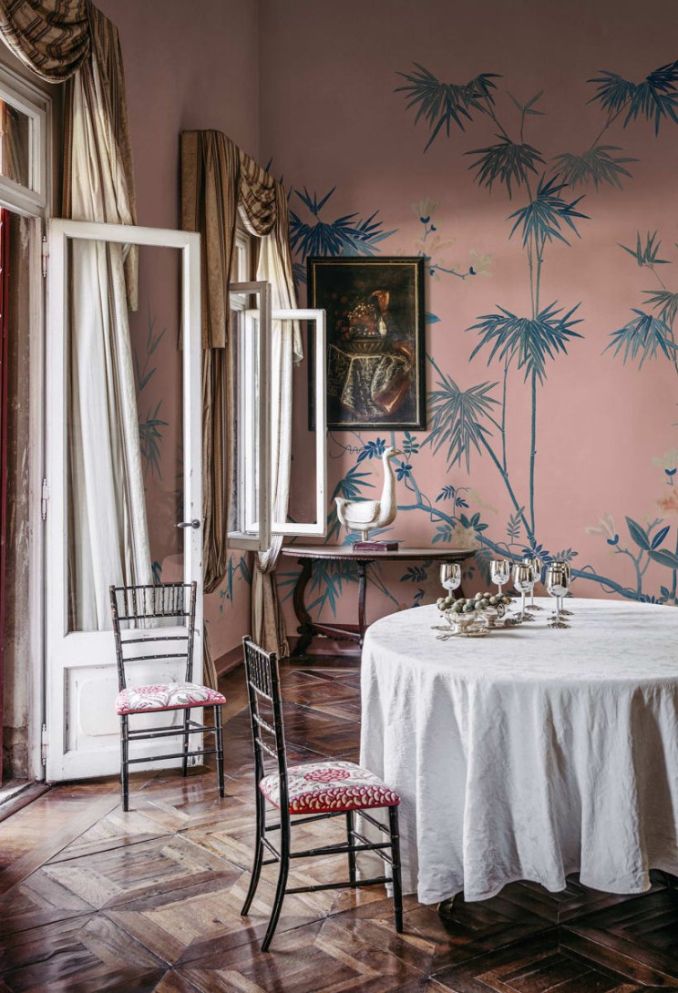 Sandberg S10422 Chinoiserie Garden Bamboo Grove Pink - mural bambusowy gaj