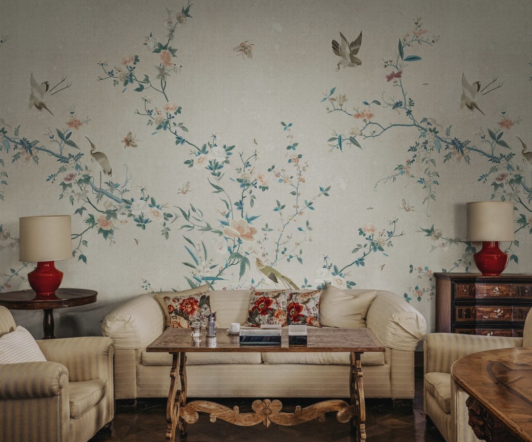 Sandberg S10426 Chinoiserie Garden Bloom Gray - mural w kwiaty
