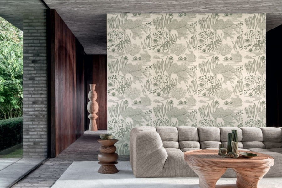 Casamance 71360338 Hikari Hasu Ivoire vert de gris - tapeta haftowana w ogród japoński