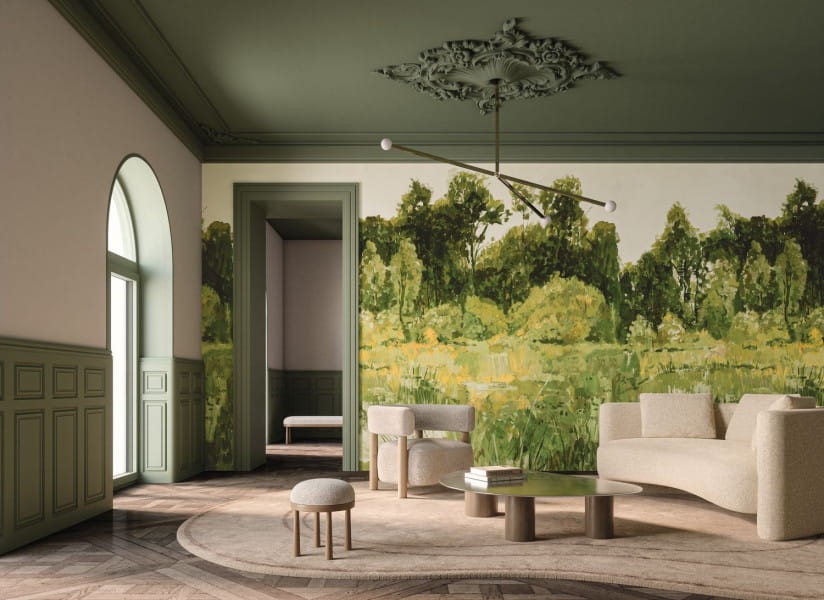 Casamance 76391222 Panoramas 3 Colvert Olive - mural w motyw lasu i jezioro