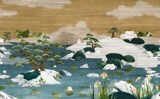 Casamance 71530123 Exploration Adachi Mordoré marine - tekstylny mural w japoński ogród