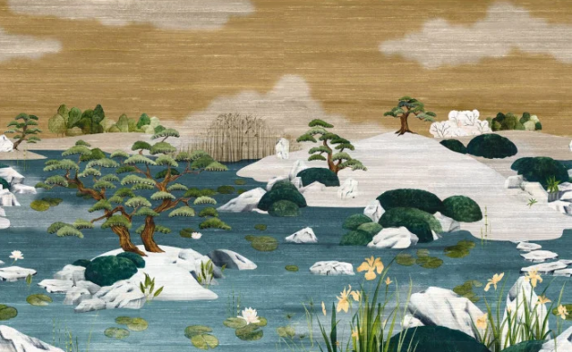 Casamance 71530123 Exploration Adachi Mordoré marine - tekstylny mural w japoński ogród