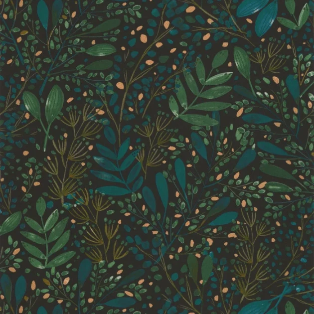 Caselio 101697692 Green Life 2 Green Life Joy Vert bleu or fond noir - tapeta w drobne liście