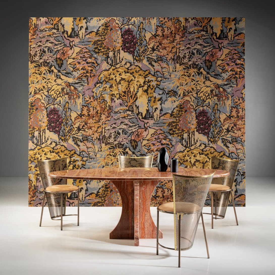 Arte 90516 Boutique Riverbank Ombre - tapeta o malowniczym wzorze brzegu rzeki z japońskim żurawiem