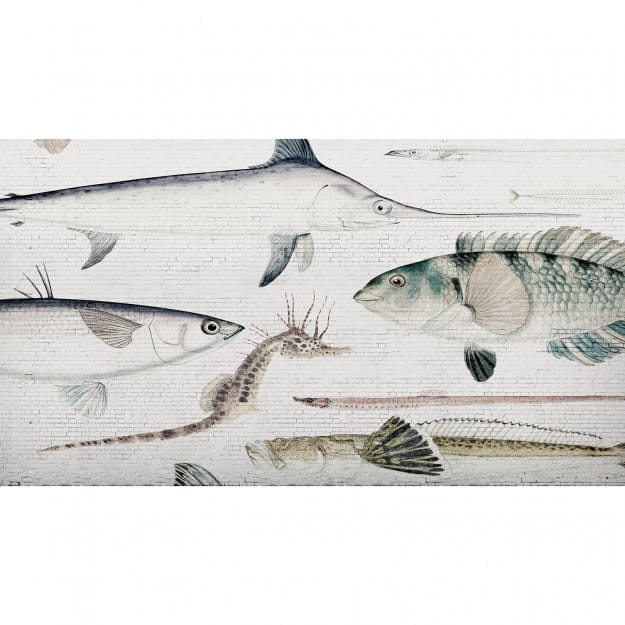 Les Dominotiers DOM_401_SM Volume 6 Textures Brut White Brick Wall & Fish Blanc et Bleu - mural imitujący ścianę ceglaną w ryby