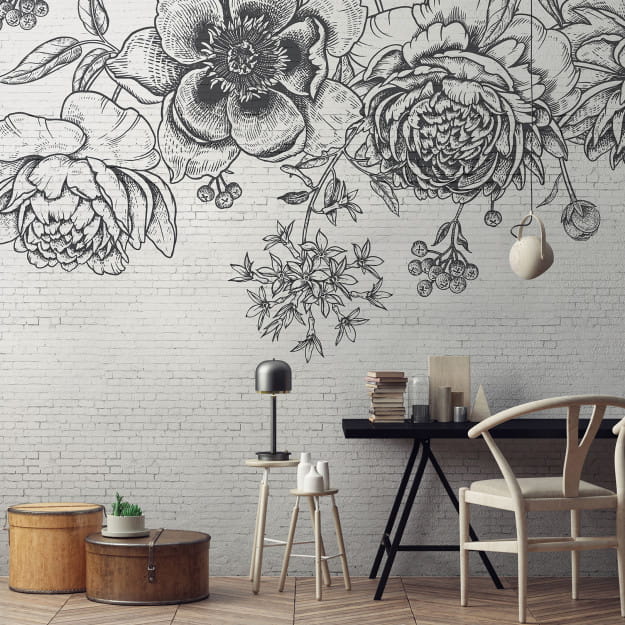 Les Dominotiers DOM_402_SM Volume 6 Textures Brut Black Flower Brick Wall Noir et Blanc - mural imitujący ścianę ceglaną w kwiaty