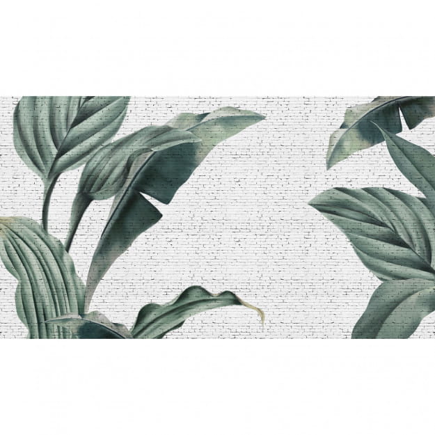 Les Dominotiers DOM_405_SM Volume 6 Textures Brut Tropical Grunge Brick Wall Blanc et Vert - mural w duże liście na ceglanej ścianie