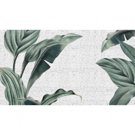 Les Dominotiers DOM_405_SM Volume 6 Textures Brut Tropical Grunge Brick Wall Blanc et Vert - mural w duże liście na ceglanej ścianie
