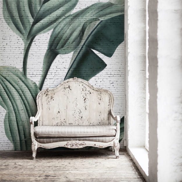 Les Dominotiers DOM_405_SM Volume 6 Textures Brut Tropical Grunge Brick Wall Blanc et Vert - mural w duże liście na ceglanej ścianie