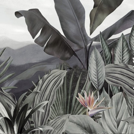 Les Dominotiers DOM_506_SM Volume 7 Contrees Lointaines Tara Grey & Bluish Green - mural w duże liście i górski pejzaż