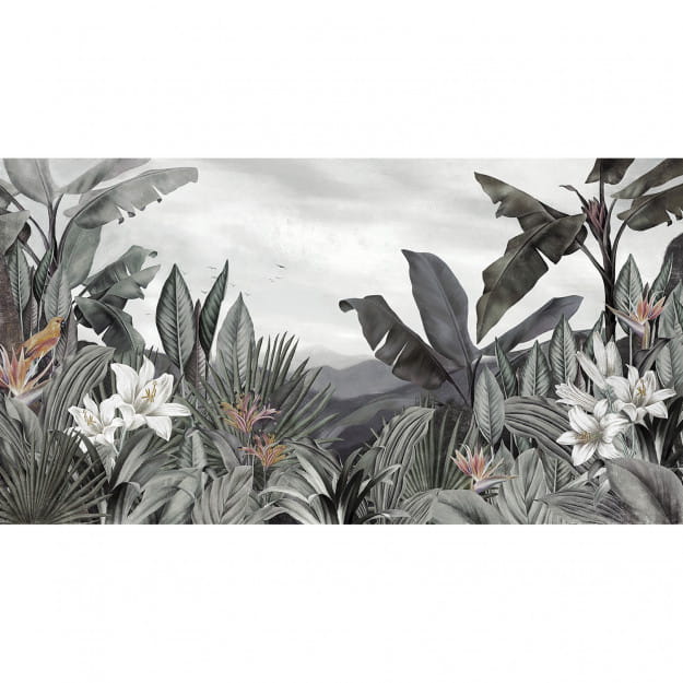 Les Dominotiers DOM_506_SM Volume 7 Contrees Lointaines Tara Grey & Bluish Green - mural w duże liście i górski pejzaż