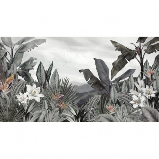 Les Dominotiers DOM_506_SM Volume 7 Contrees Lointaines Tara Grey & Bluish Green - mural w duże liście i górski pejzaż