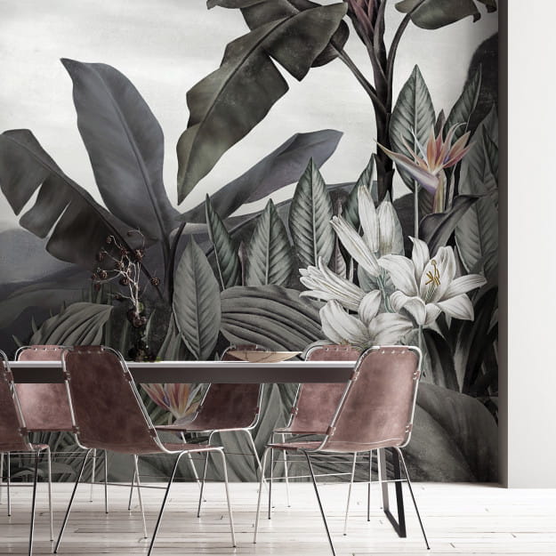 Les Dominotiers DOM_506_SM Volume 7 Contrees Lointaines Tara Grey & Bluish Green - mural w duże liście i górski pejzaż