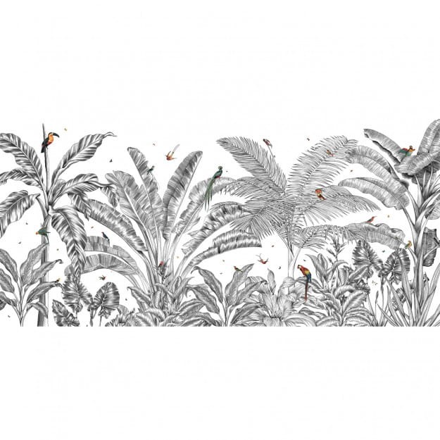 Les Dominotiers DOM_511_SM Volume 7 Contrees Lointaines Fly Over Black & White - mural w egzotyczne liście i ptaki