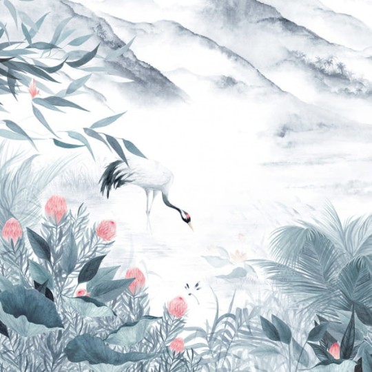 Les Dominotiers DOM_519_SM Volume 7 Contrees Lointaines Lake Green & Blue - mural w azjatycki krajobraz i ptaki