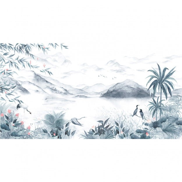 Les Dominotiers DOM_519_SM Volume 7 Contrees Lointaines Lake Green & Blue - mural w azjatycki krajobraz i ptaki