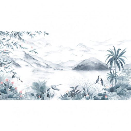 Les Dominotiers DOM_519_SM Volume 7 Contrees Lointaines Lake Green & Blue - mural w azjatycki krajobraz i ptaki