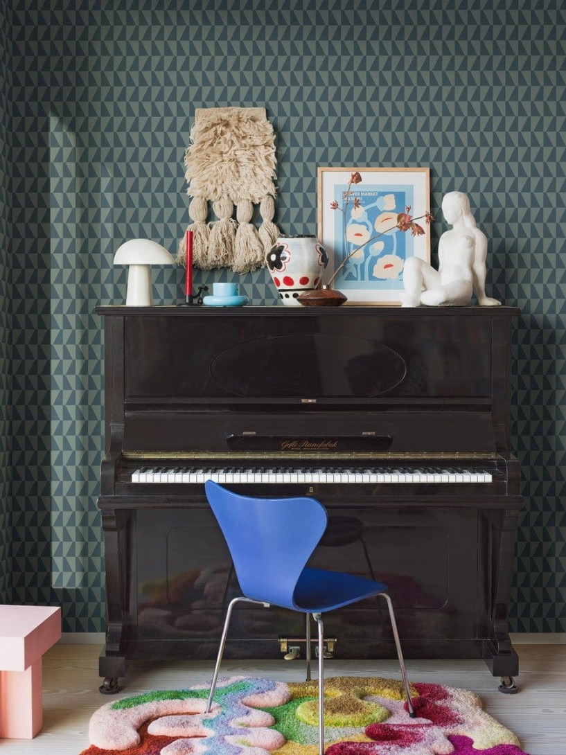 Boras Tapeter 1995 Graphics Arne Jacobsen Trapez Blue - tapeta w trapezy