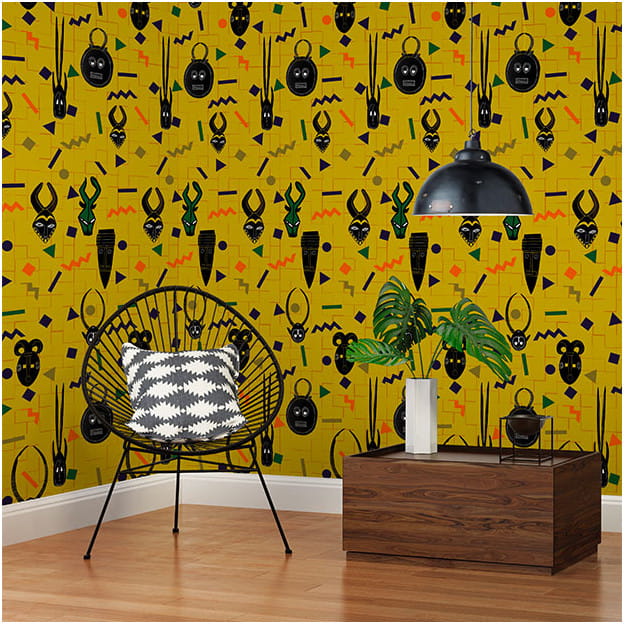 Les Dominotiers DOM_164-2 Sandrine Alouf Kurumba Moutarde - mural w etniczny motyw w maski