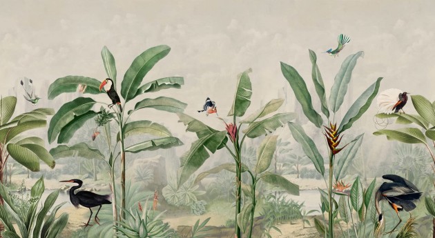 Rebel Walls R18824 Scenic Landscapes Tropical Palms Birds - mural w duże liście i ptaki