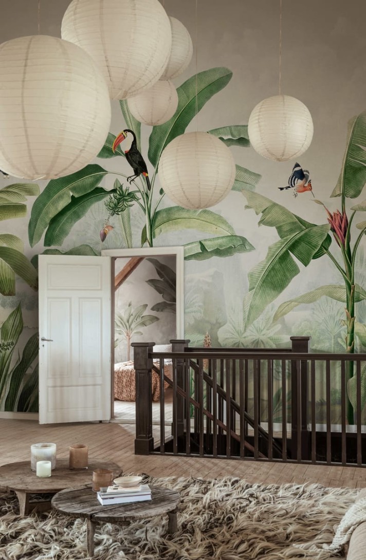 Rebel Walls R18824 Scenic Landscapes Tropical Palms Birds - mural w duże liście i ptaki
