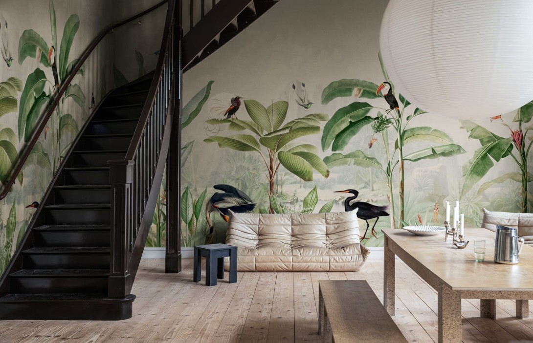 Rebel Walls R18824 Scenic Landscapes Tropical Palms Birds - mural w duże liście i ptaki