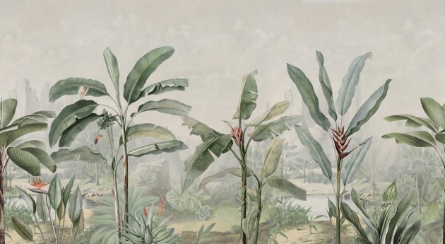 Rebel Walls R18822 Scenic Landscapes Tropical Palms Vintage - mural w egzotyczny krajobraz i makro liście