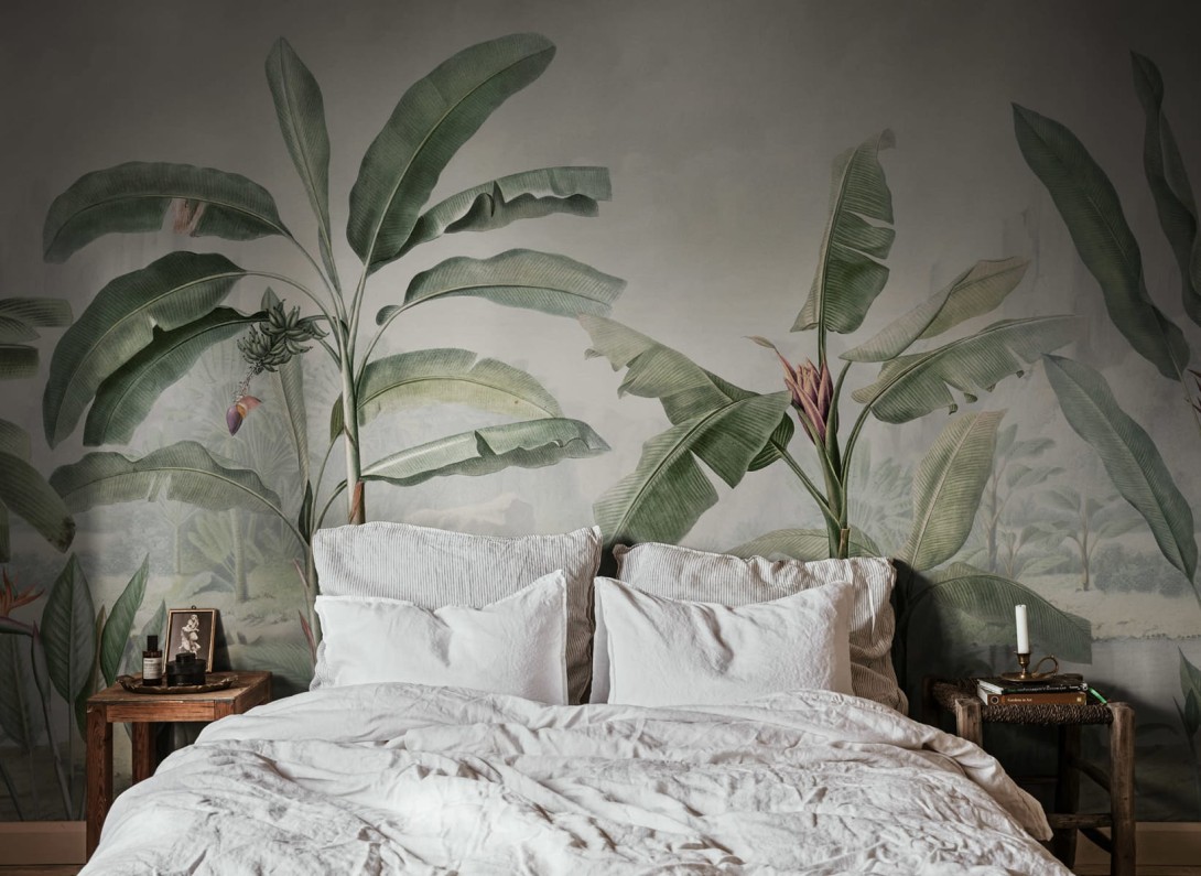 Rebel Walls R18822 Scenic Landscapes Tropical Palms Vintage - mural w egzotyczny krajobraz i makro liście
