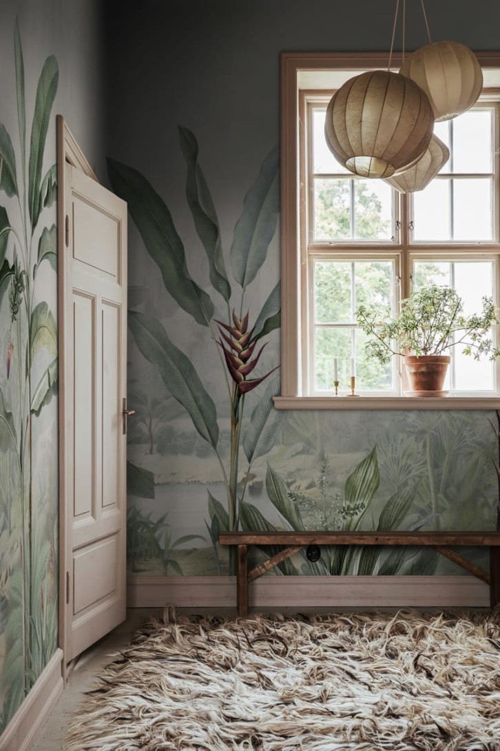 Rebel Walls R18822 Scenic Landscapes Tropical Palms Vintage - mural w egzotyczny krajobraz i makro liście