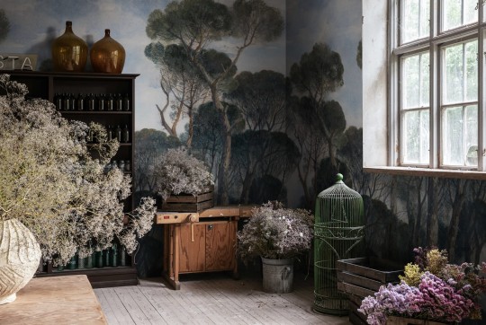 Rebel Walls R18798 Scenic Landscapes Umbrella Pines Vintage - mural w śródziemnomorskie drzewa