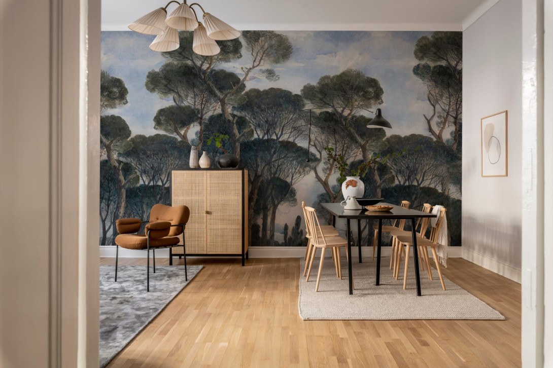 Rebel Walls R18798 Scenic Landscapes Umbrella Pines Vintage - mural w śródziemnomorskie drzewa
