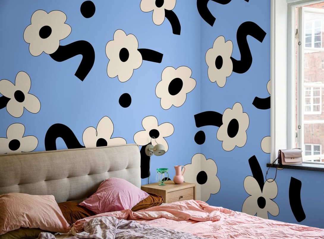 Rebel Walls R20017 Happy Socks Dancing Flower Blue - mural w duże kwiaty stylu retro