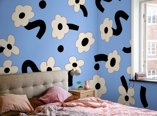 Rebel Walls R20017 Happy Socks Dancing Flower Blue - mural w duże kwiaty stylu retro