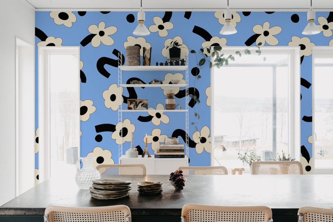 Rebel Walls R20017 Happy Socks Dancing Flower Blue - mural w duże kwiaty stylu retro