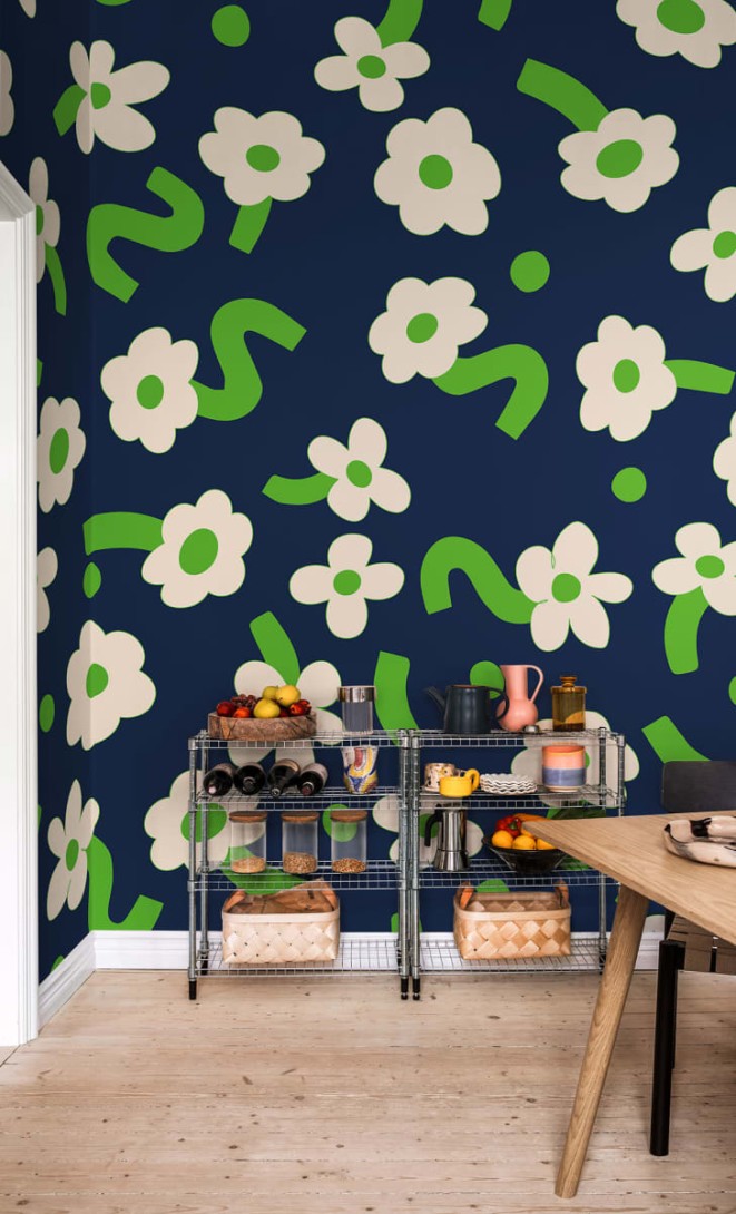 Rebel Walls R20018 Happy Socks Dancing Flower Green - mural w duże kwiaty stylu retro