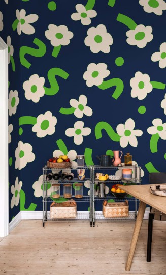 Rebel Walls R20018 Happy Socks Dancing Flower Green - mural w duże kwiaty stylu retro