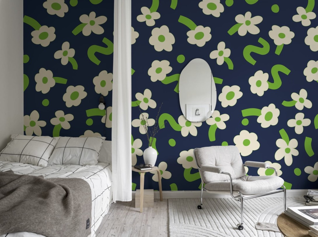 Rebel Walls R20018 Happy Socks Dancing Flower Green - mural w duże kwiaty stylu retro