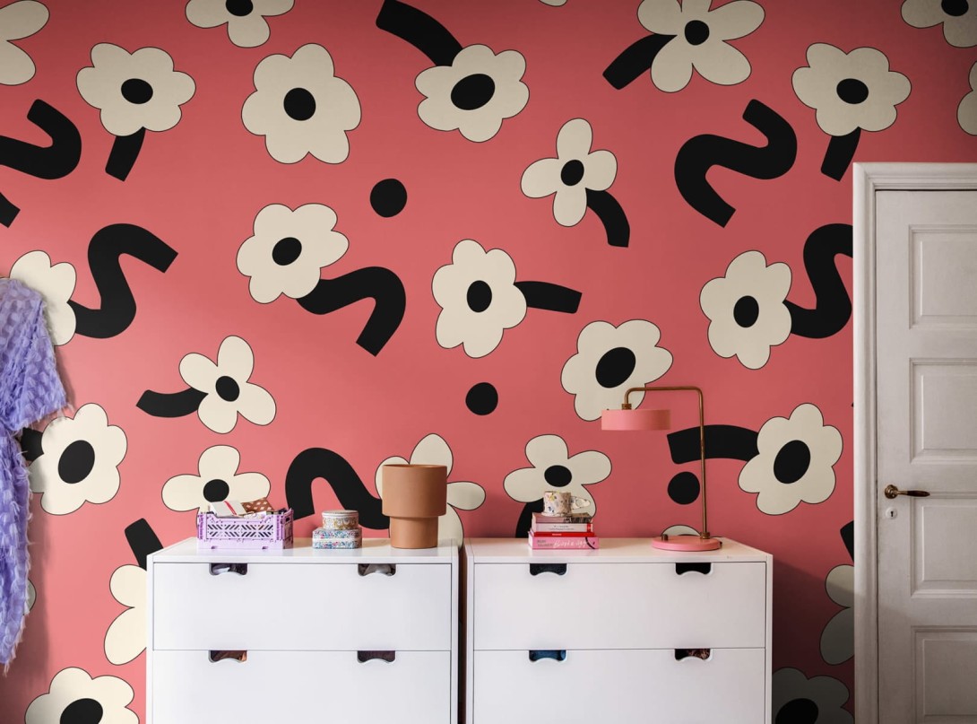 Rebel Walls R20019 Happy Socks Dancing Flower Red - mural w duże kwiaty stylu retro