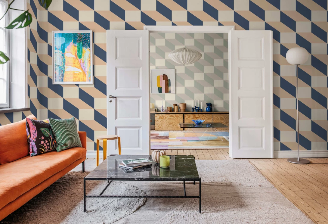 Rebel Walls R20024 Happy Socks Filled Optic Blue & Pink - mural w geometryczny i trójwymiarowy wzór