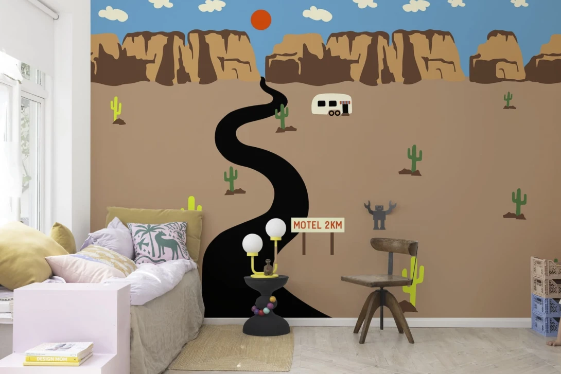 Rebel Walls R20037 Happy Socks Camper - mural w górski krajobraz i kampera