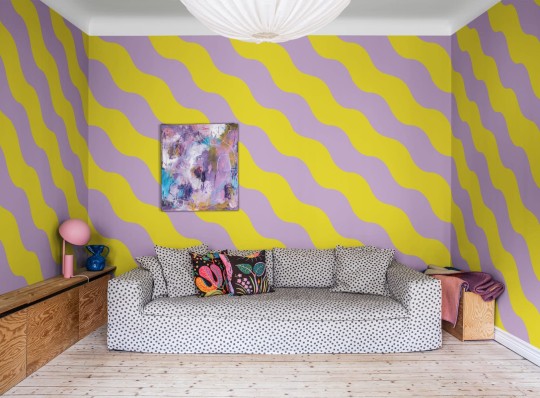 Rebel Walls R20040 Happy Socks Polka Stripe Lilac & Yellow - mural w falowane paski